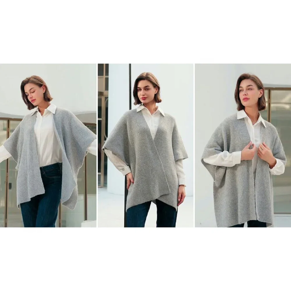 Chunky Ribbed Knit Open Front Poncho Wrap One Size Cozy Winter Sweater